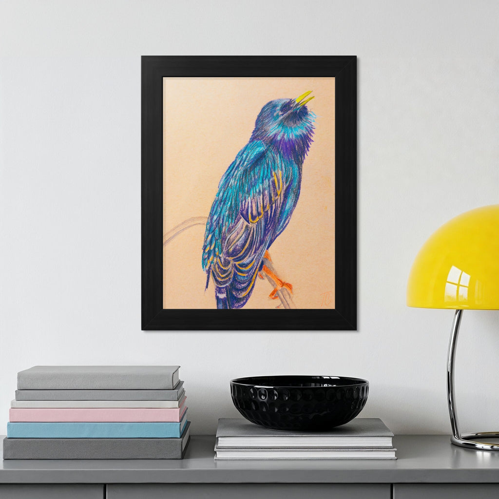 Illustration of a colorful bird perched on a branch in a black frame.