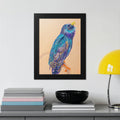 Illustration of a colorful bird perched on a branch in a black frame.
