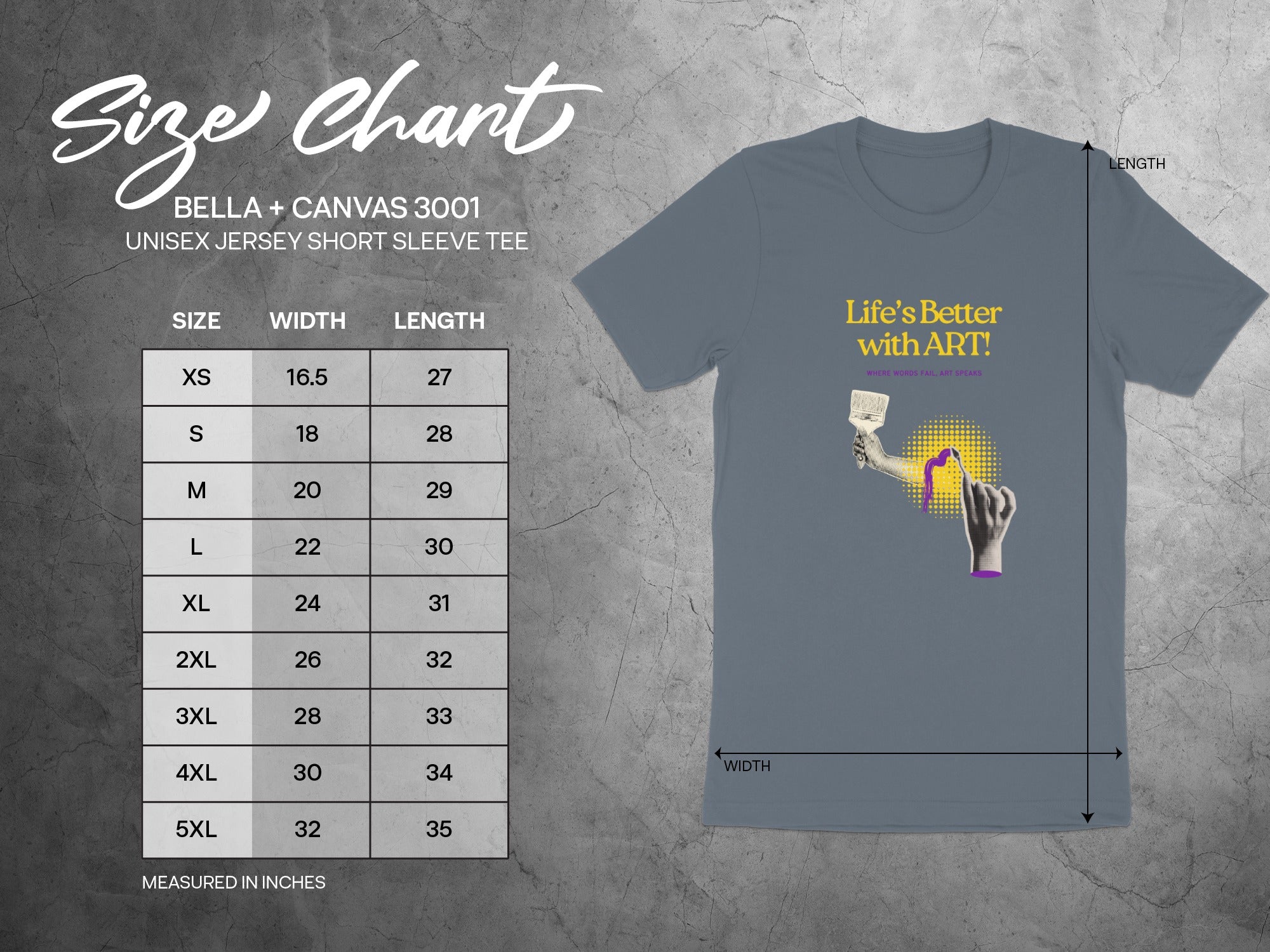 Bella + Canvas 3001 unisex t-shirt size chart with art graphic.