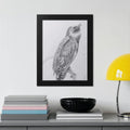Pencil sketch of a bird perched on a branch, framed in black.
