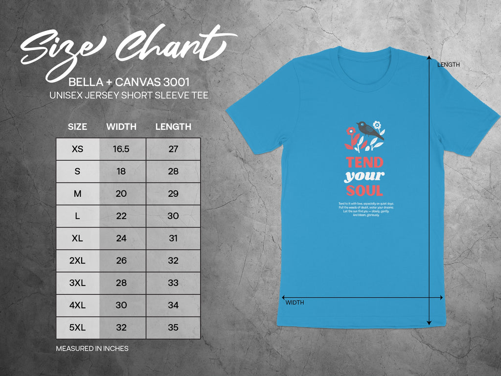 Bella + Canvas 3001 unisex tee size chart with measurements.