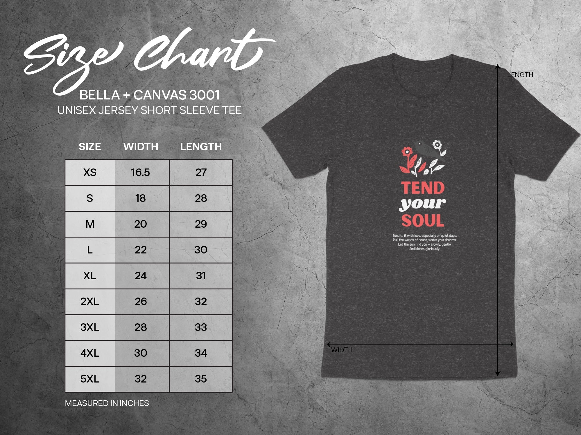Bella + Canvas 3001 size chart for unisex jersey short sleeve tee.