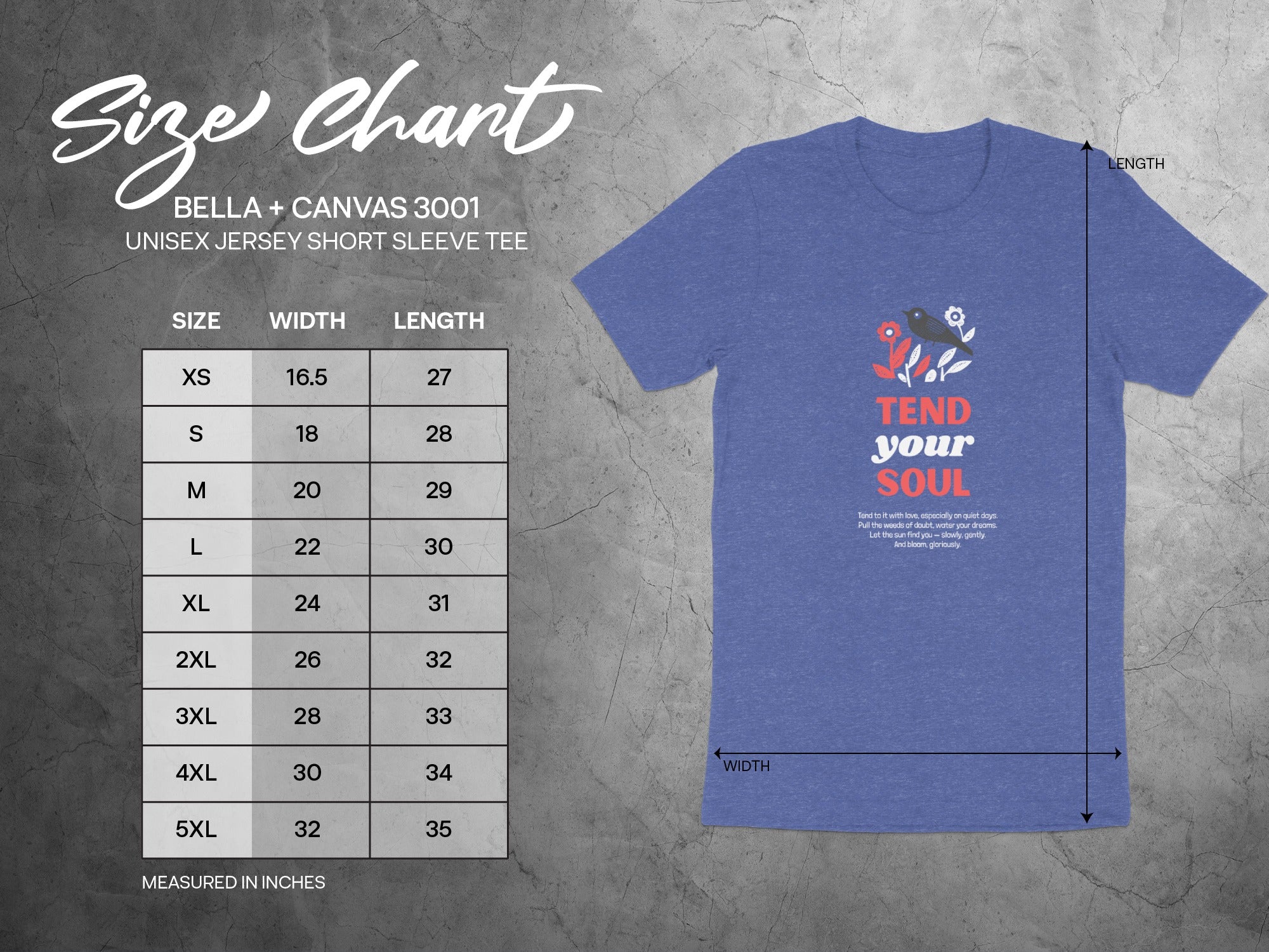Bella + Canvas 3001 unisex t-shirt size chart with "Tend Your Soul" graphic.