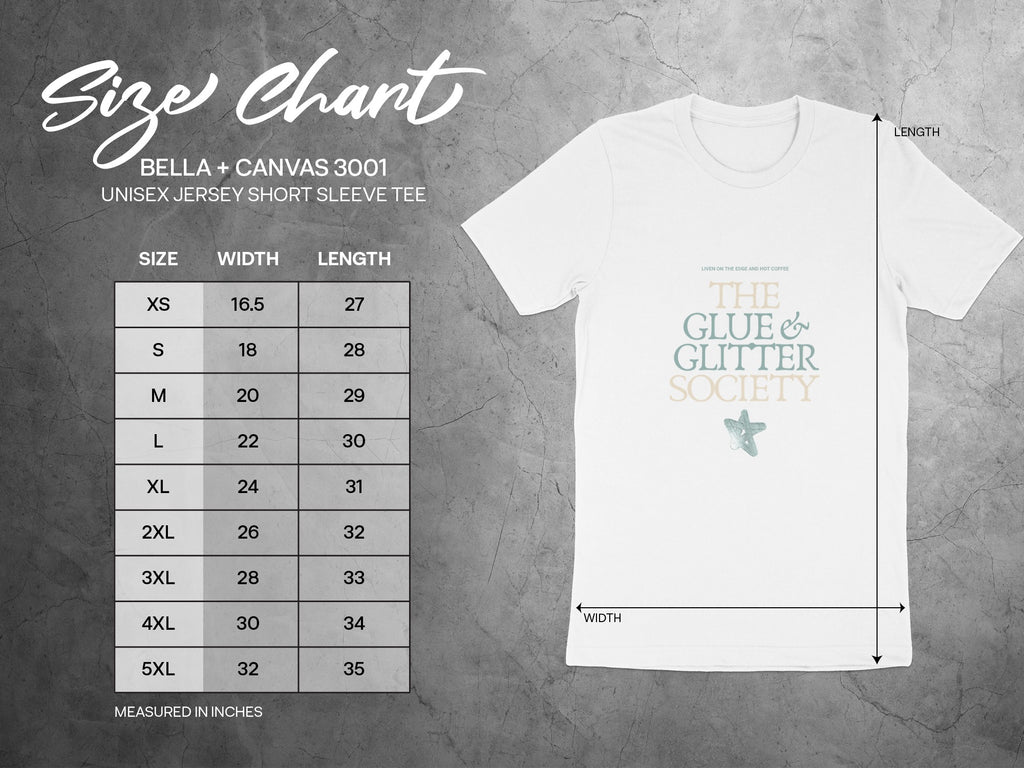 Size chart for Bella + Canvas 3001 unisex t-shirt with measurements.