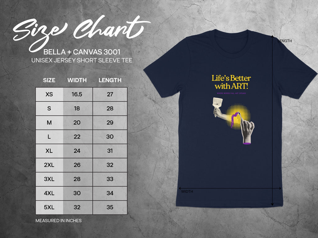 Bella + Canvas 3001 unisex size chart with dimensions for width and length.
