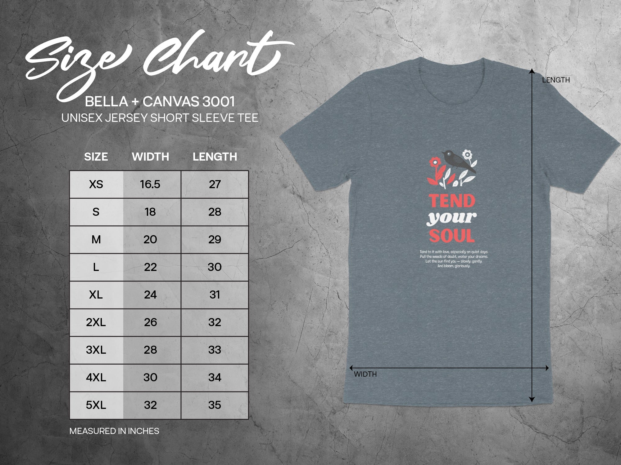 Size chart for Bella + Canvas 3001 unisex jersey tee with measurements.