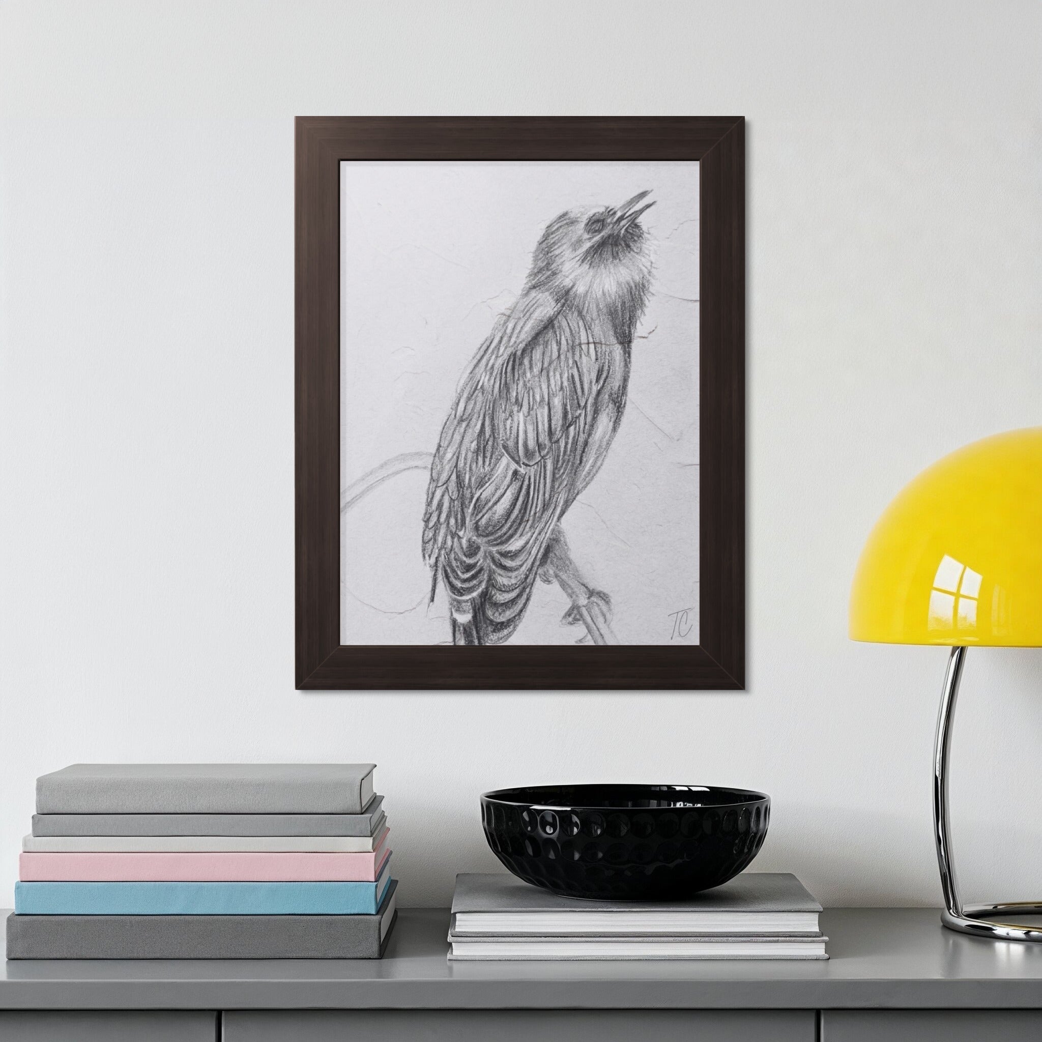 Pencil sketch of a bird on a perch in a dark frame.