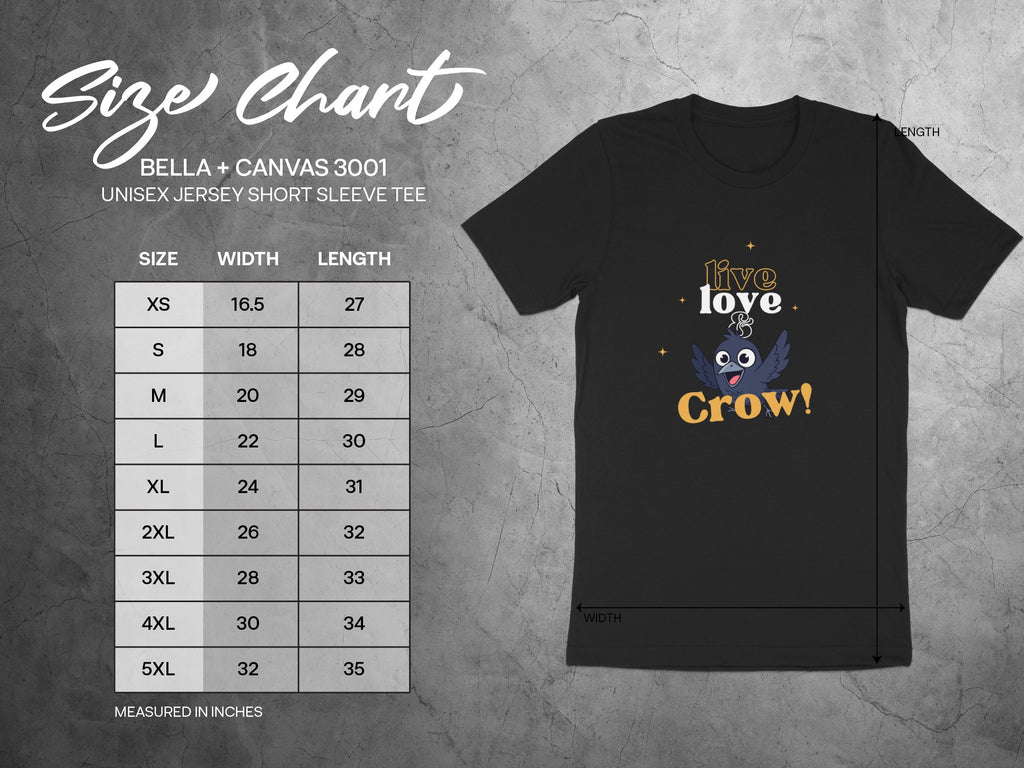 Size chart for Bella + Canvas 3001 unisex t-shirt, with measurements.