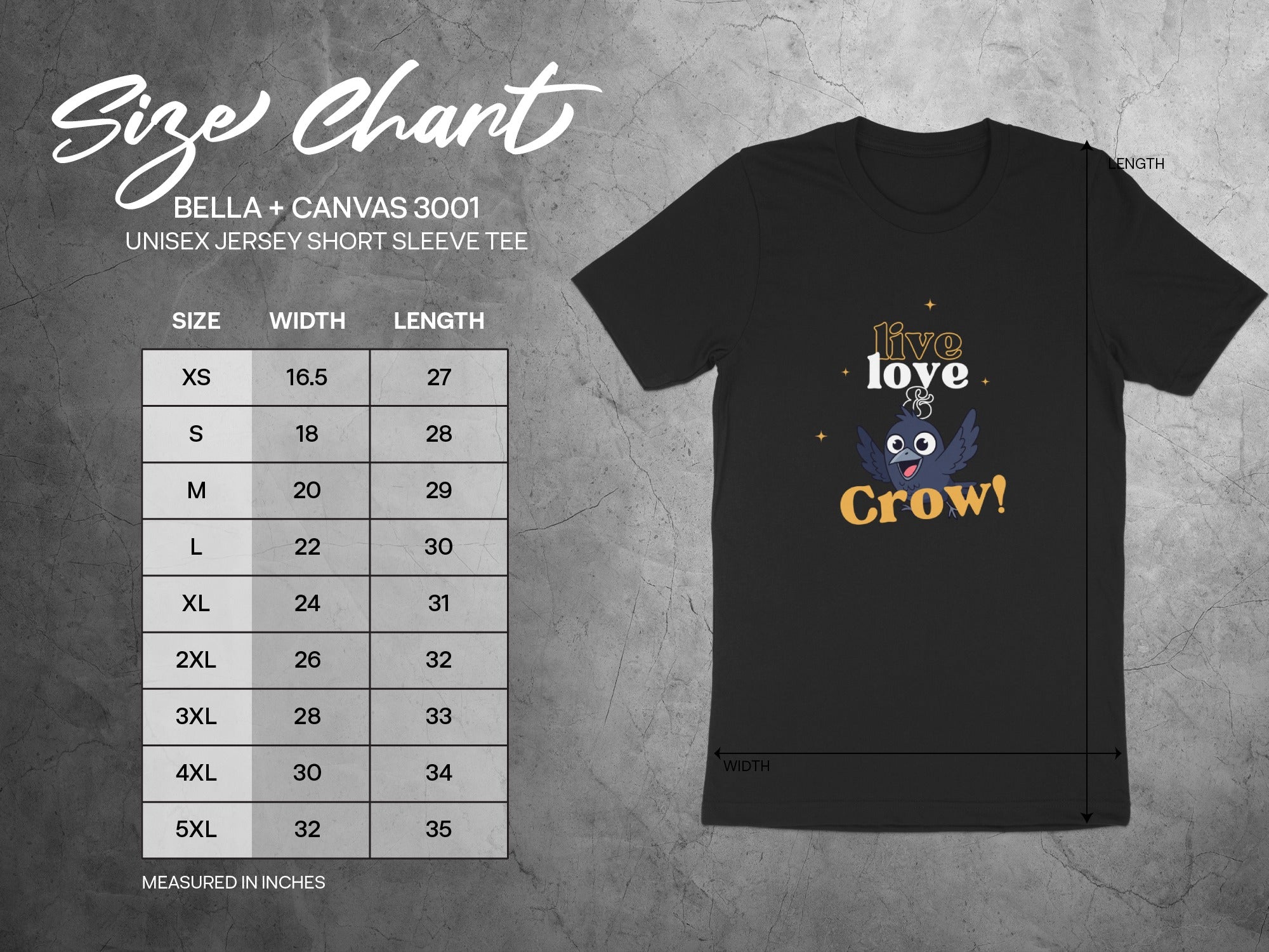 Size chart for Bella + Canvas 3001 unisex t-shirt, with measurements.