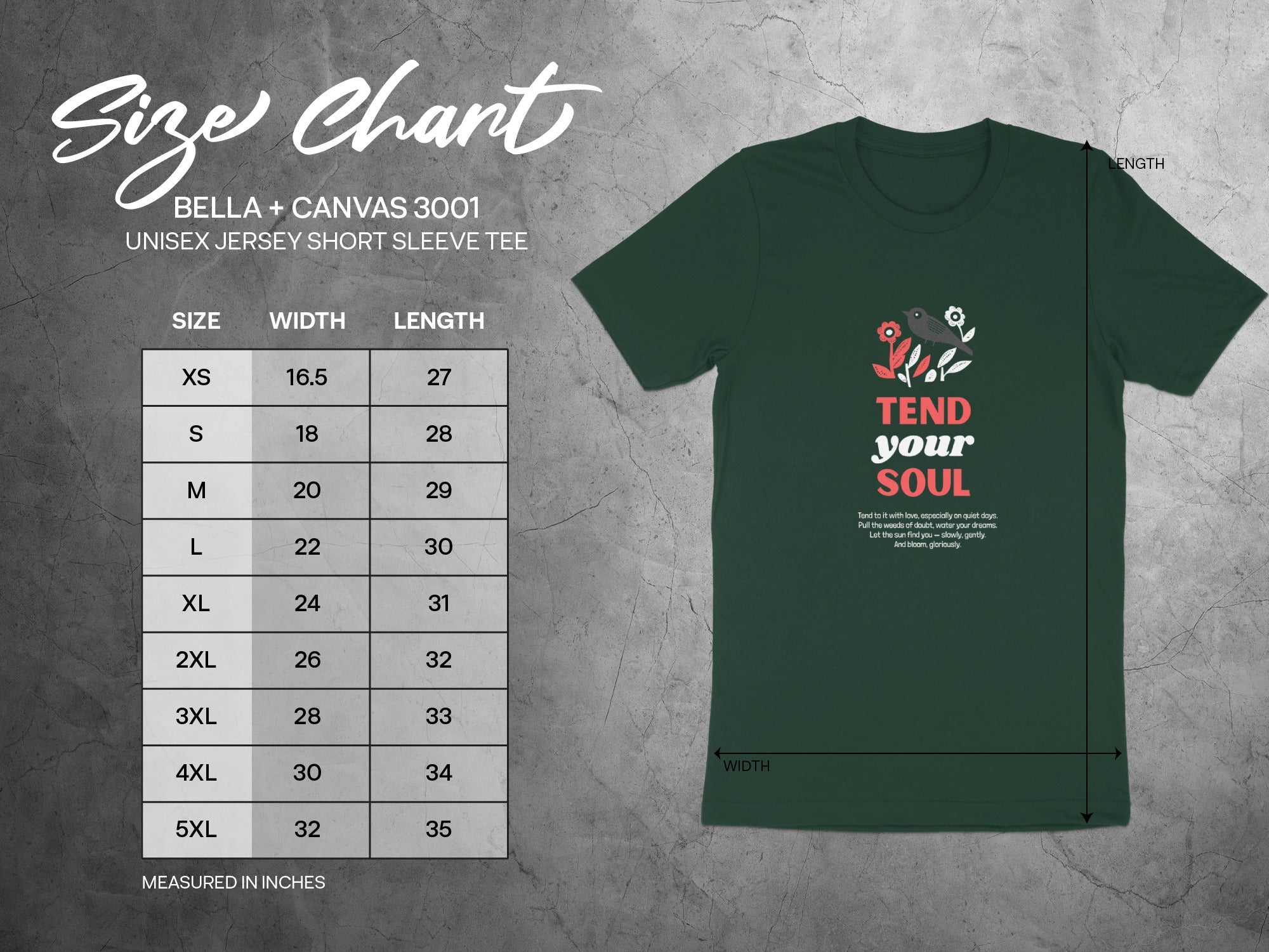 Bella + Canvas 3001 size chart and t-shirt graphic with "Tend your soul" text.