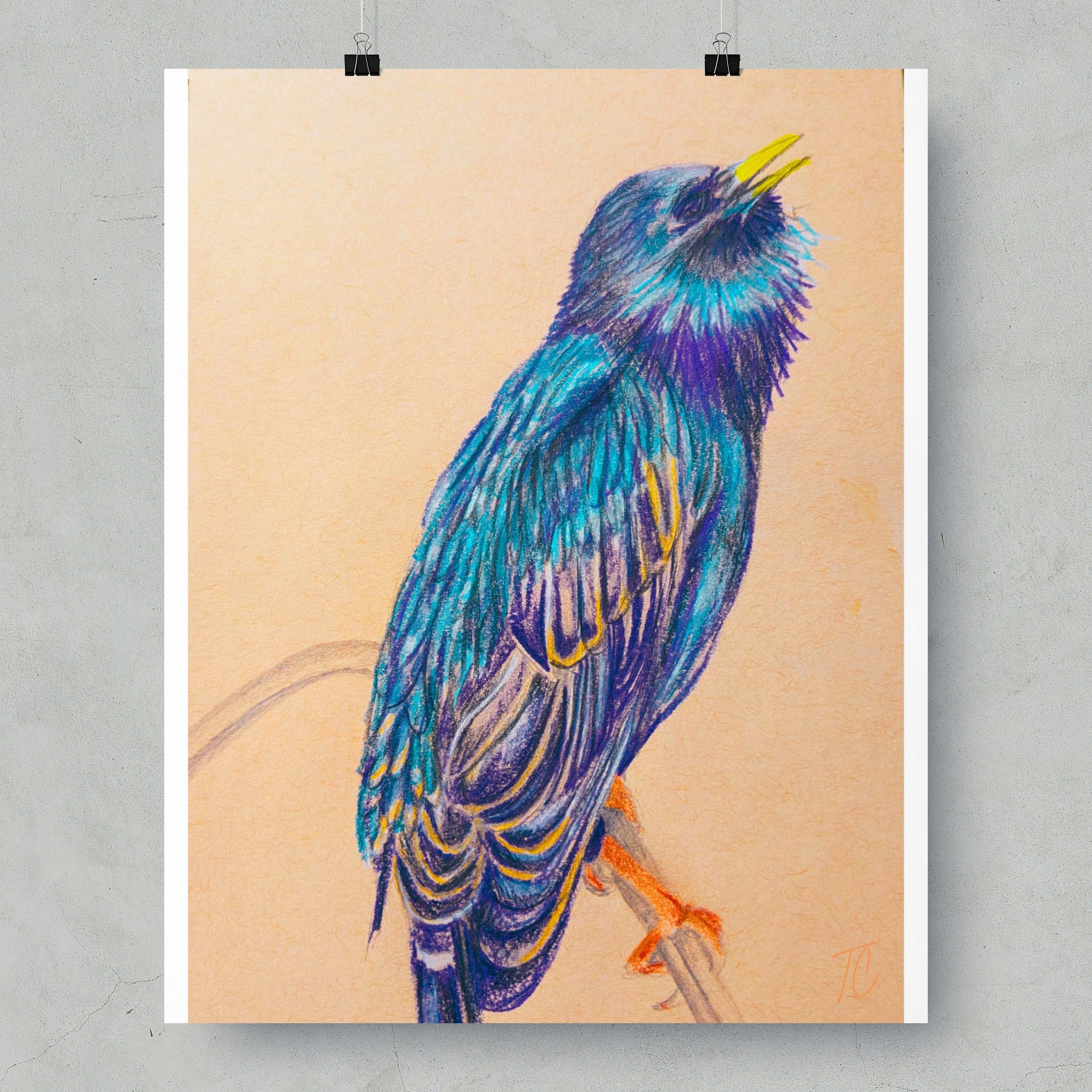 Colored pencil drawing of a speckled blue and purple bird perched on a branch.