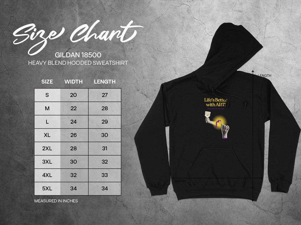 Gildan 18500 size chart for heavy blend hooded sweatshirt with measurements.