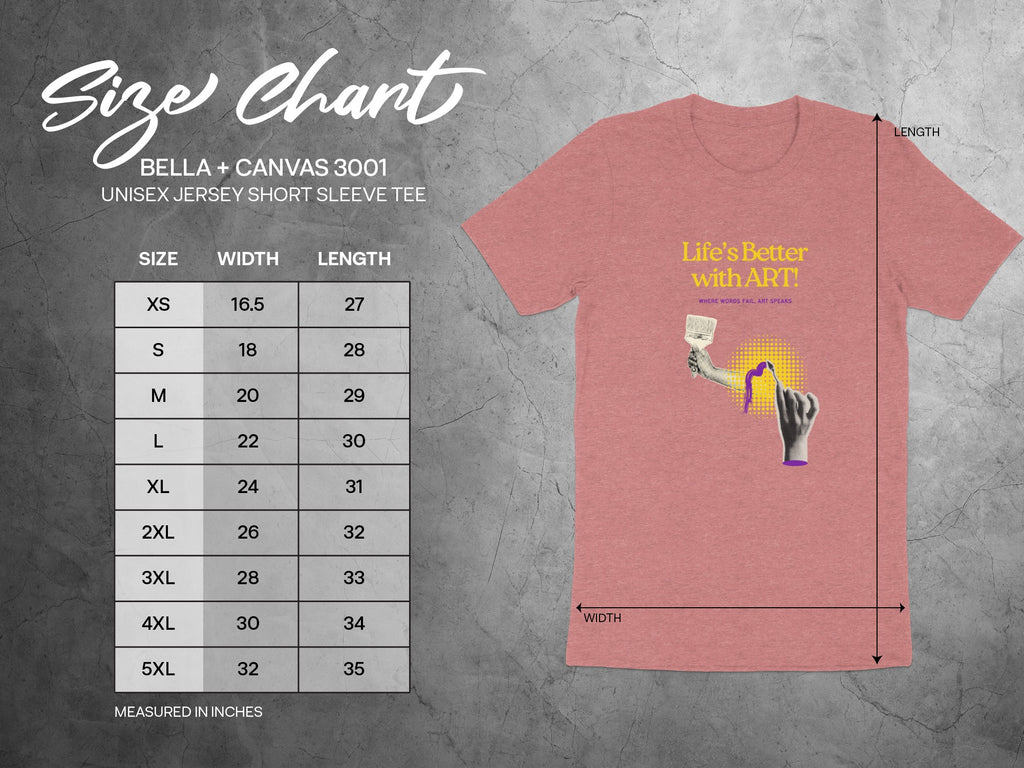 Size chart for Bella + Canvas 3001 unisex t-shirt with graphic.