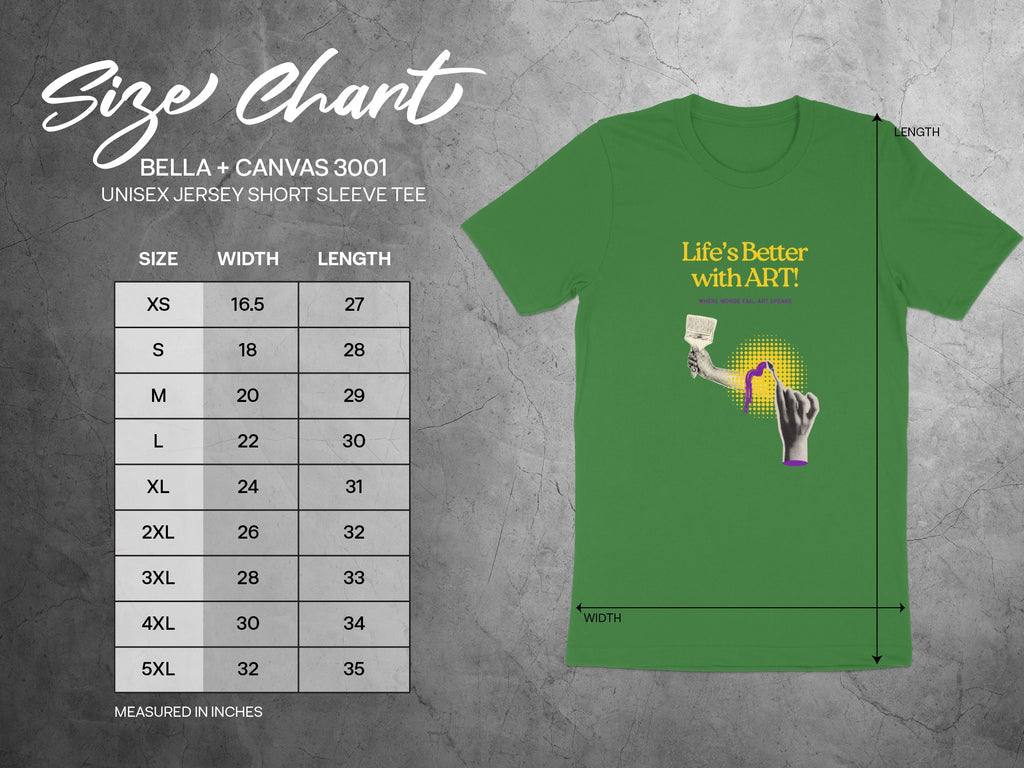 BELLA + CANVAS 3001 unisex t-shirt size chart with width and length measurements.
