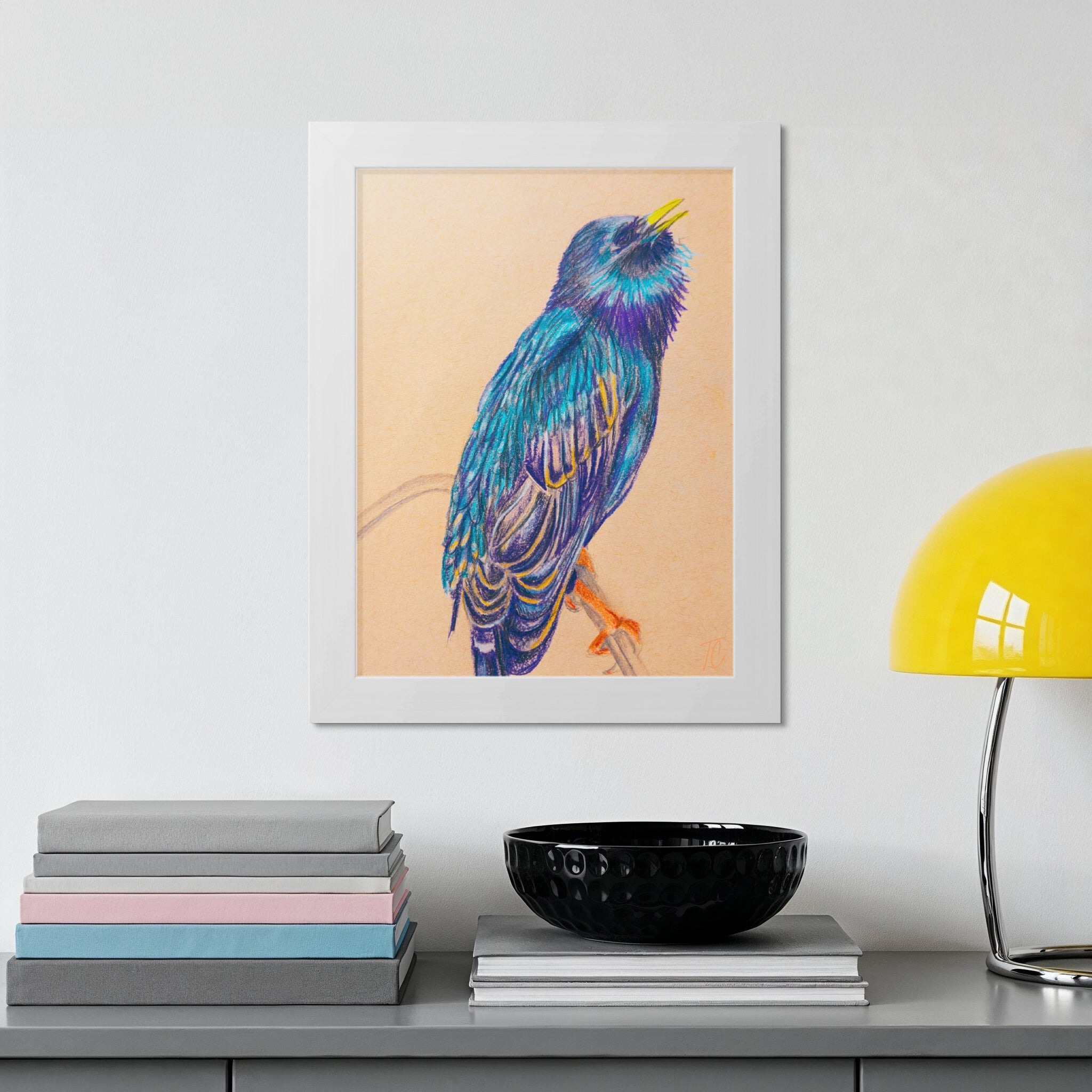 Colored pencil drawing of a colorful bird on a white framed background.