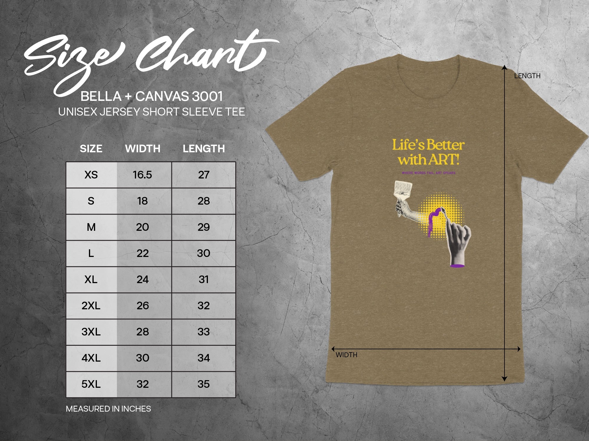 Size chart for BELLA+CANVAS 3001 unisex t-shirt, showing measurements.