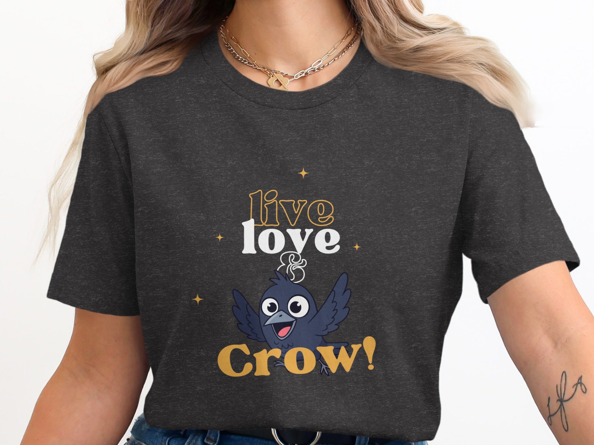 Charcoal t-shirt with "live & Crow!" text and a cartoon crow graphic.
